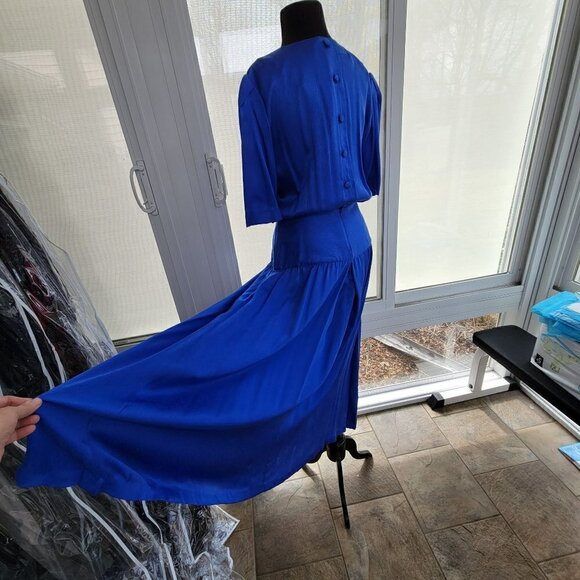 Vintage 100% Silk Blue Dress by Designer Frank Masandrea - MD/8 - Picture 7 of 12